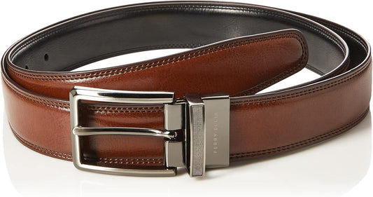 HOTPerry Ellis Men's Portfolio Double Stitched Leather Reversible Belt, Brown/Black, Silver Prong Buckle, Burnished Edges