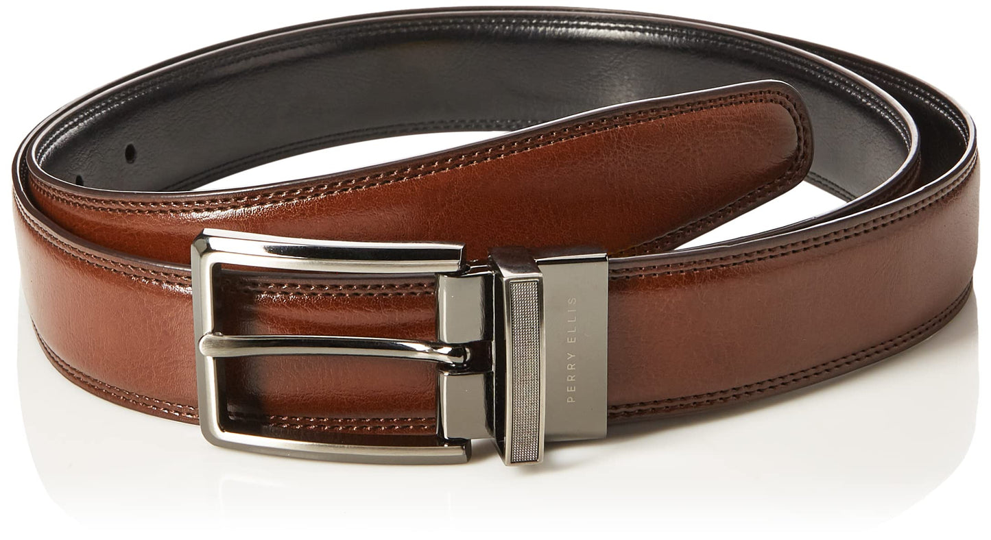 HOTPerry Ellis Men's Portfolio Double Stitched Leather Reversible Belt, Brown/Black, Silver Prong Buckle, Burnished Edges