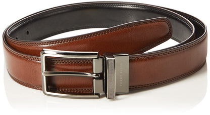 HOTPerry Ellis Men's Portfolio Double Stitched Leather Reversible Belt, Brown/Black, Silver Prong Buckle, Burnished Edges