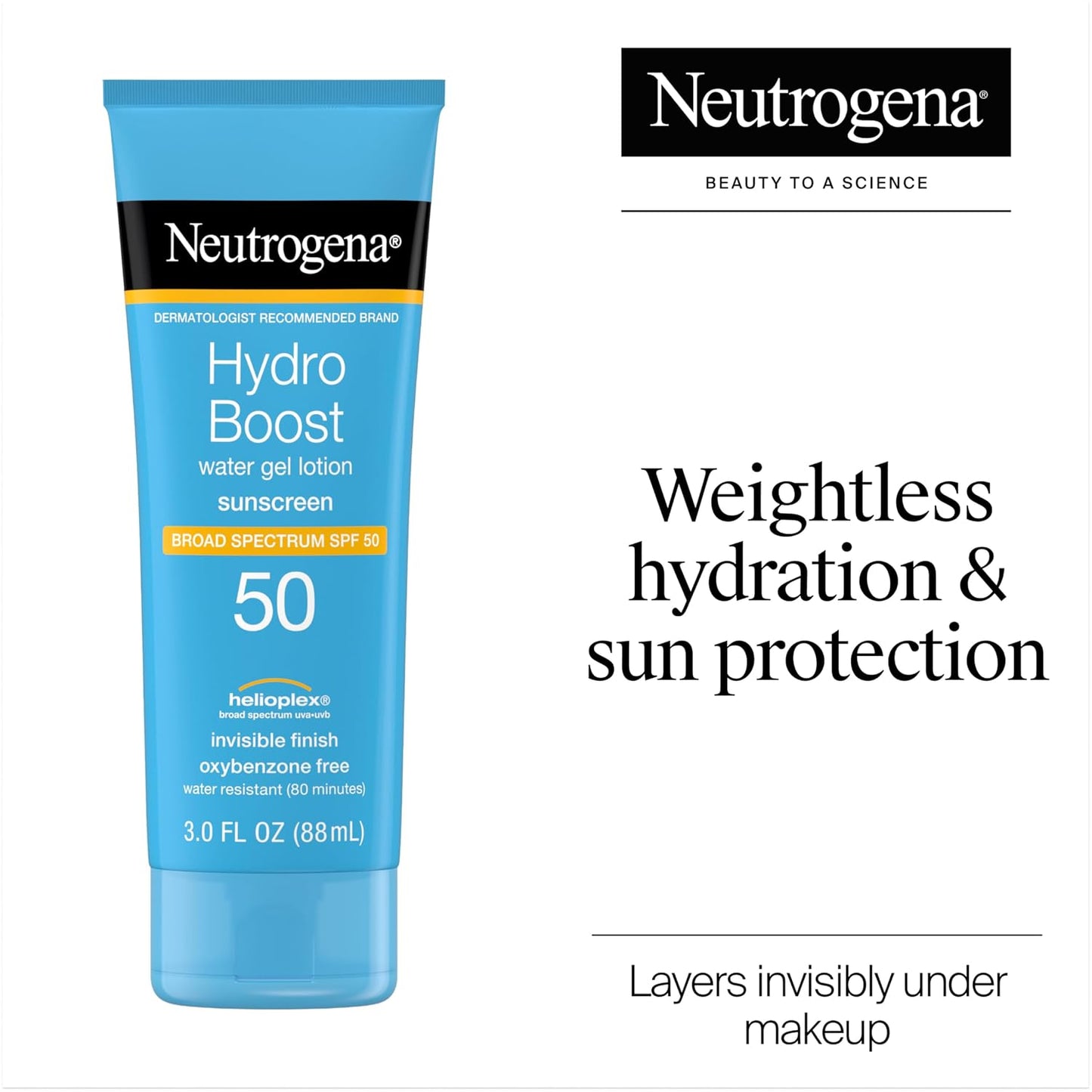 HOTNeutrogena Hydro Boost Water Gel Sunscreen SPF 50, Oil‑Free Hydrating & Water‑Resistant Face & Body Sunscreen Lotion, Non‑Greasy, Broad Spectrum, Lightweight Moisturizer, 3 fl oz