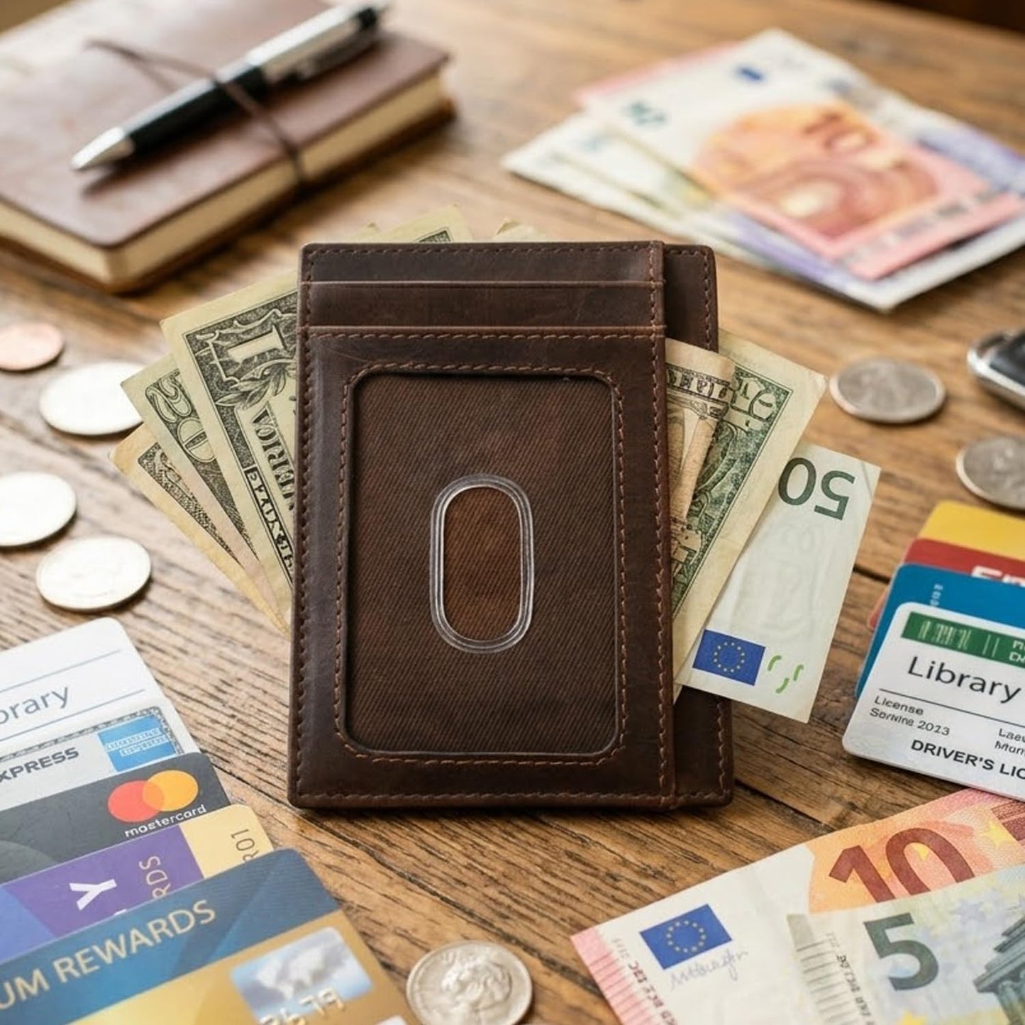 HOTili New York Genuine Leather Slim RFID Card Holder for Men - 7 Slots, Clear ID Window with Thumb Slide, Compact 4.5" x 3", Minimalist Credit Card Holder for Front or Back Pocket - Antique Saddle