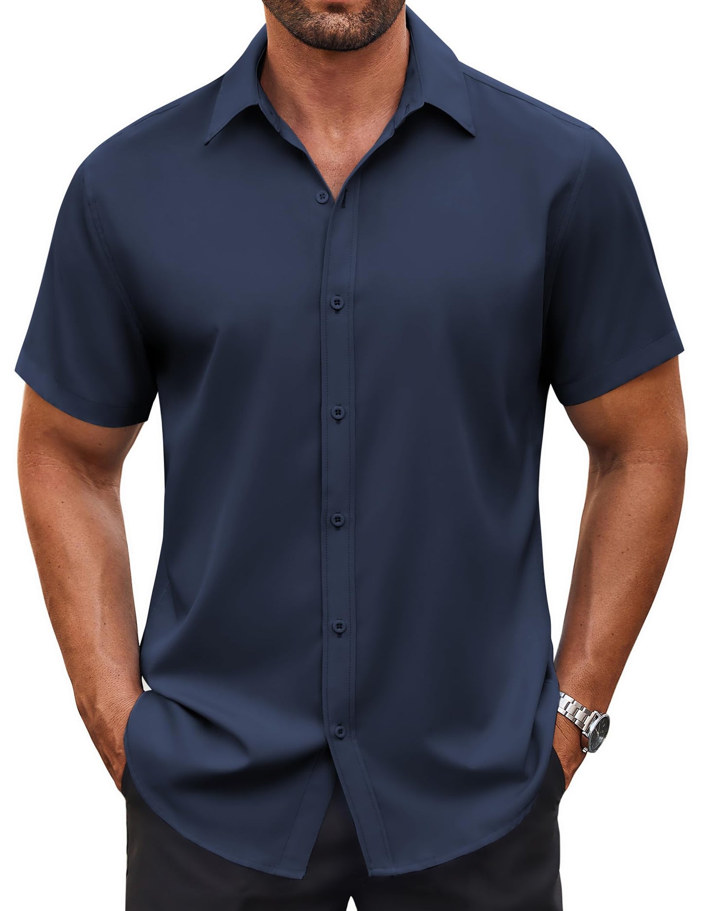 HOTCOOFANDY Men's Button Down Shirt Short Sleeve Dress Shirt Casual Beach Summer Wedding Shirt