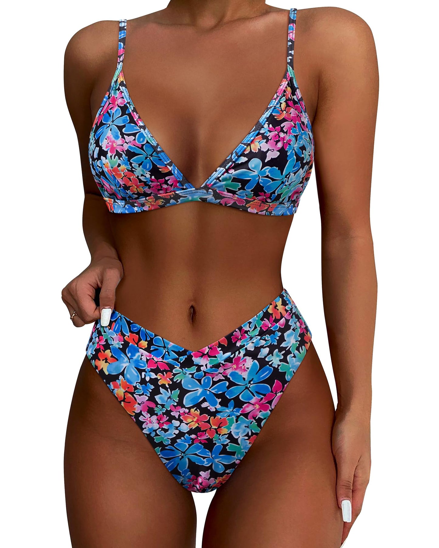 HOTSUUKSESS Women Triangle High Cut Bikini Sets Sexy High Waisted 2 Piece Swimsuit