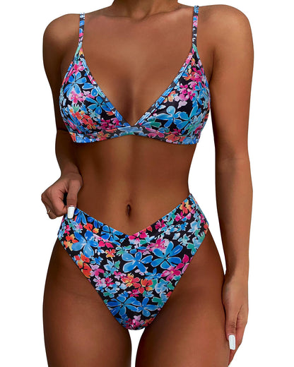 HOTSUUKSESS Women Triangle High Cut Bikini Sets Sexy High Waisted 2 Piece Swimsuit