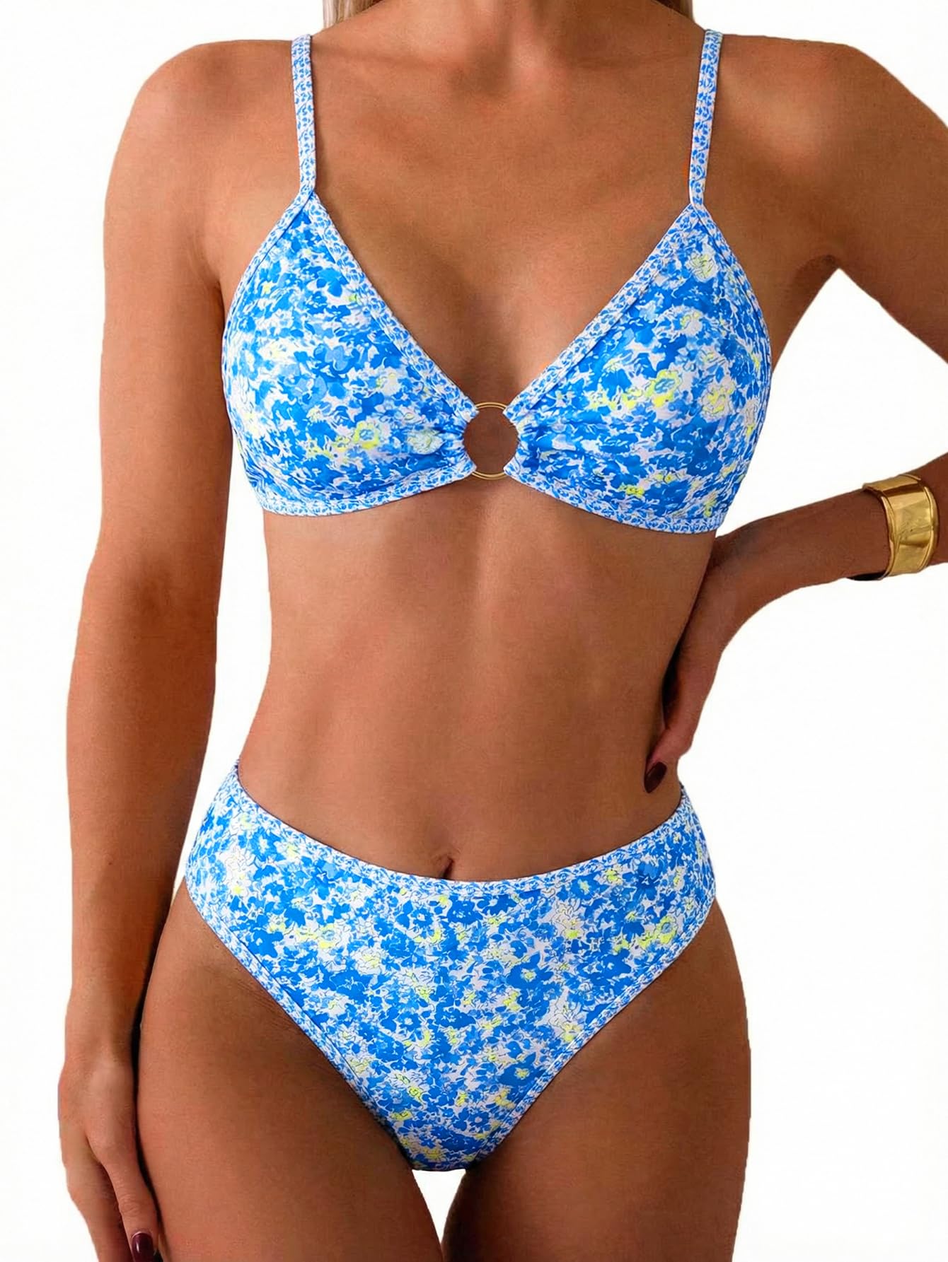 HOTTainehs Women's Two Piece Bikini Sets O Ring Front Top Ditsy Floral Triangle Swimsuits Cheeky Bathing Suit