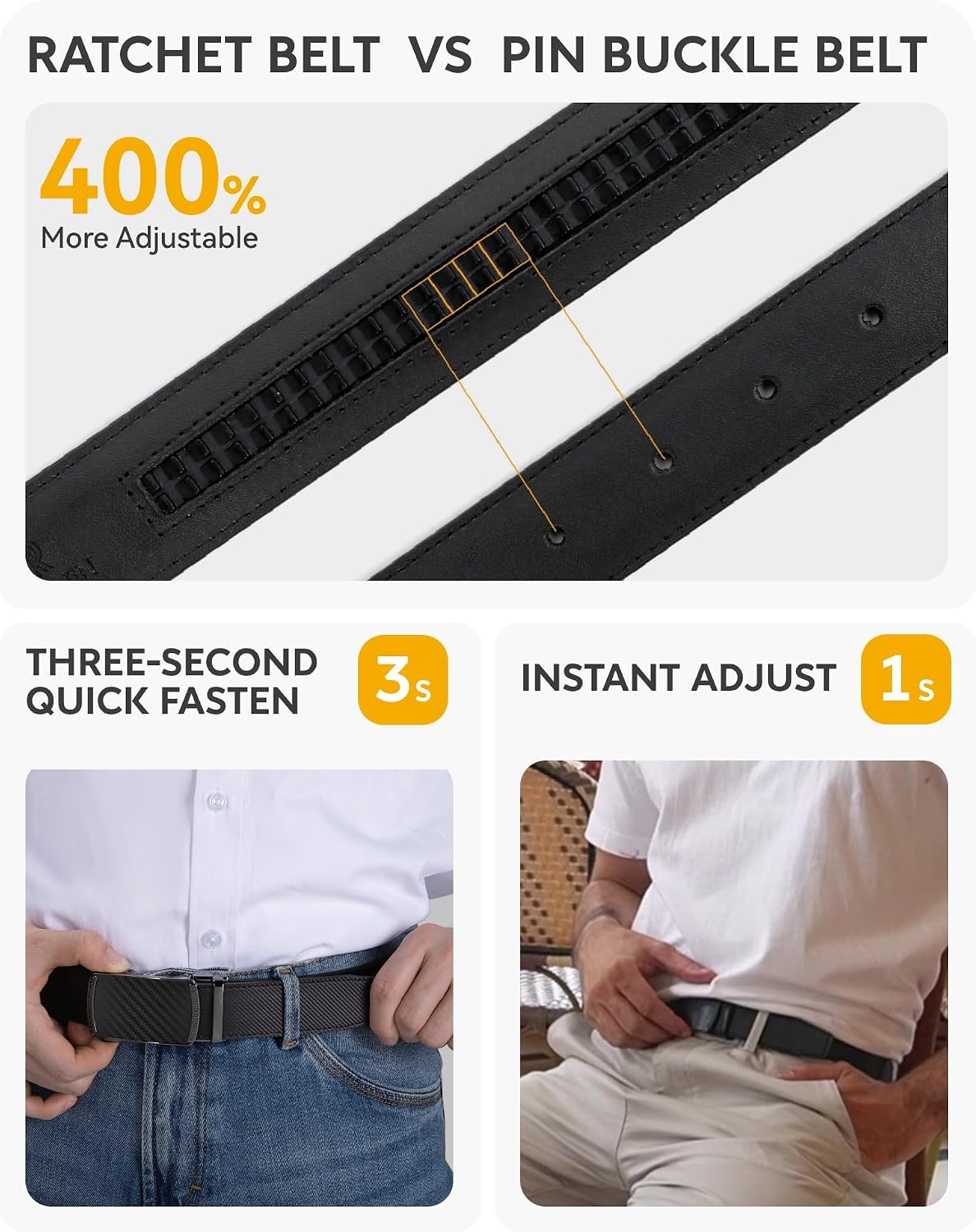 HOTCHAOREN Mens Belt - Mens Ratchet Belt Leather 1 3/8" for Dress Pant - Micro Adjustable Belt Fit Everywhere