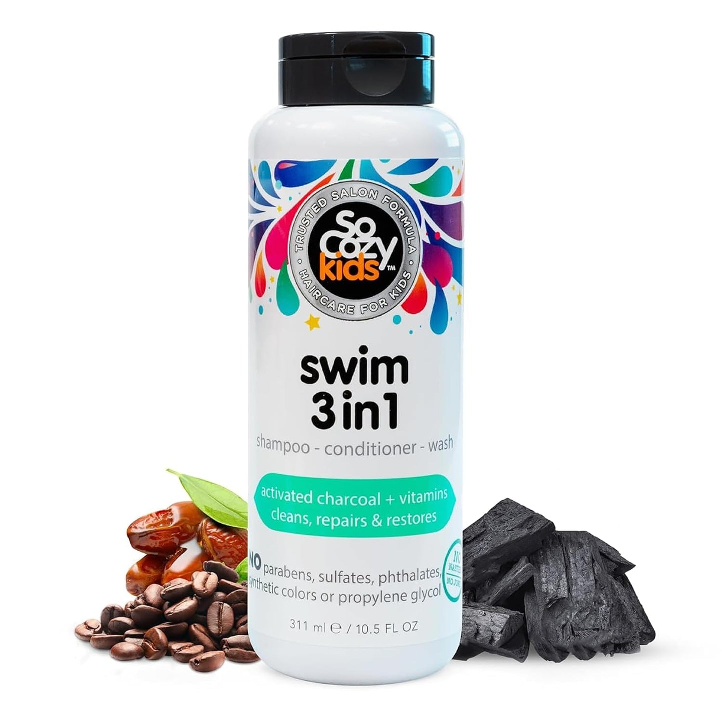 HOTSoCozy Kids Swim 3-in-1 Shampoo, Conditioner & Body Wash - 3-in-1 Combo Pool Shampoo & Conditioner for Swimmers - Salt & Chlorine Removing Activated Charcoal