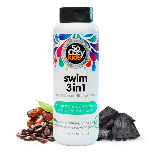 HOTSoCozy Kids Swim 3-in-1 Shampoo, Conditioner & Body Wash - 3-in-1 Combo Pool Shampoo & Conditioner for Swimmers - Salt & Chlorine Removing Activated Charcoal