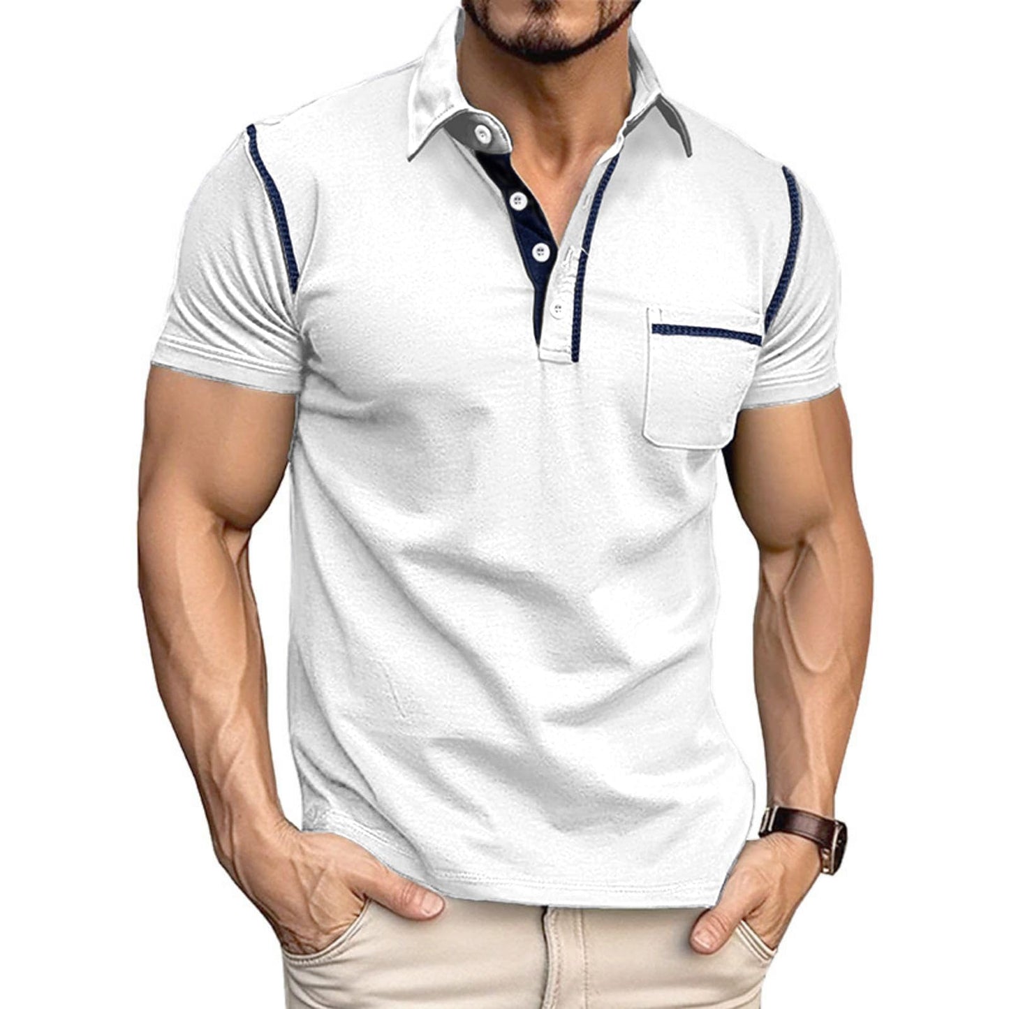 HOTMen's Fashion Polo Shirts Classic Short Sleeve Lightweight Button Cotton T-Shirt Casual Golf Tee Tops with Pocket