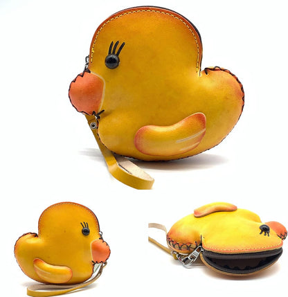 HOTHandmade Vintage Genuine Leather 3D Animal Yellow Duck Coin Purse with Removable wrist strap