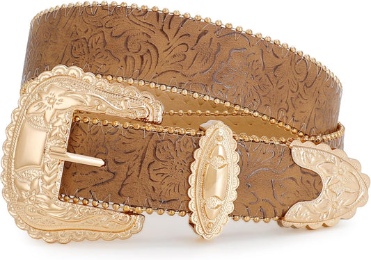 HOTFloral Print Western Belts for Women Cowgirl Cowboy Country Leather Belt Fashion Vintage Belt for Jeans