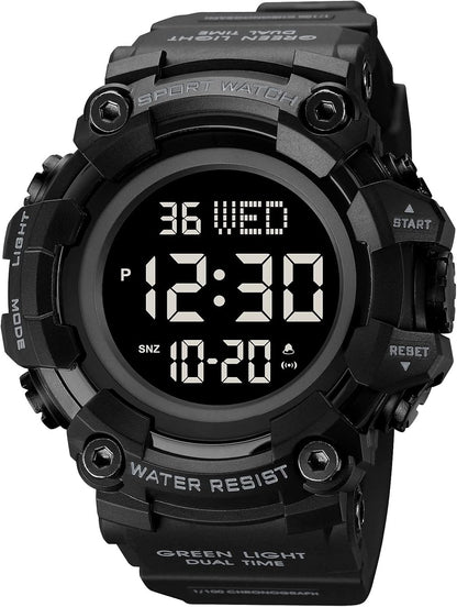 HOTXCZAP Men's Black Sports Watch - Large Face Chronograph Military Wristwatch with Luminous Hands, Waterproof Casual Silicone Strap for Outdoor and Daily Use - Gift for Men