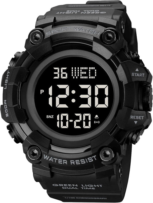 HOTXCZAP Men's Black Sports Watch - Large Face Chronograph Military Wristwatch with Luminous Hands, Waterproof Casual Silicone Strap for Outdoor and Daily Use - Gift for Men