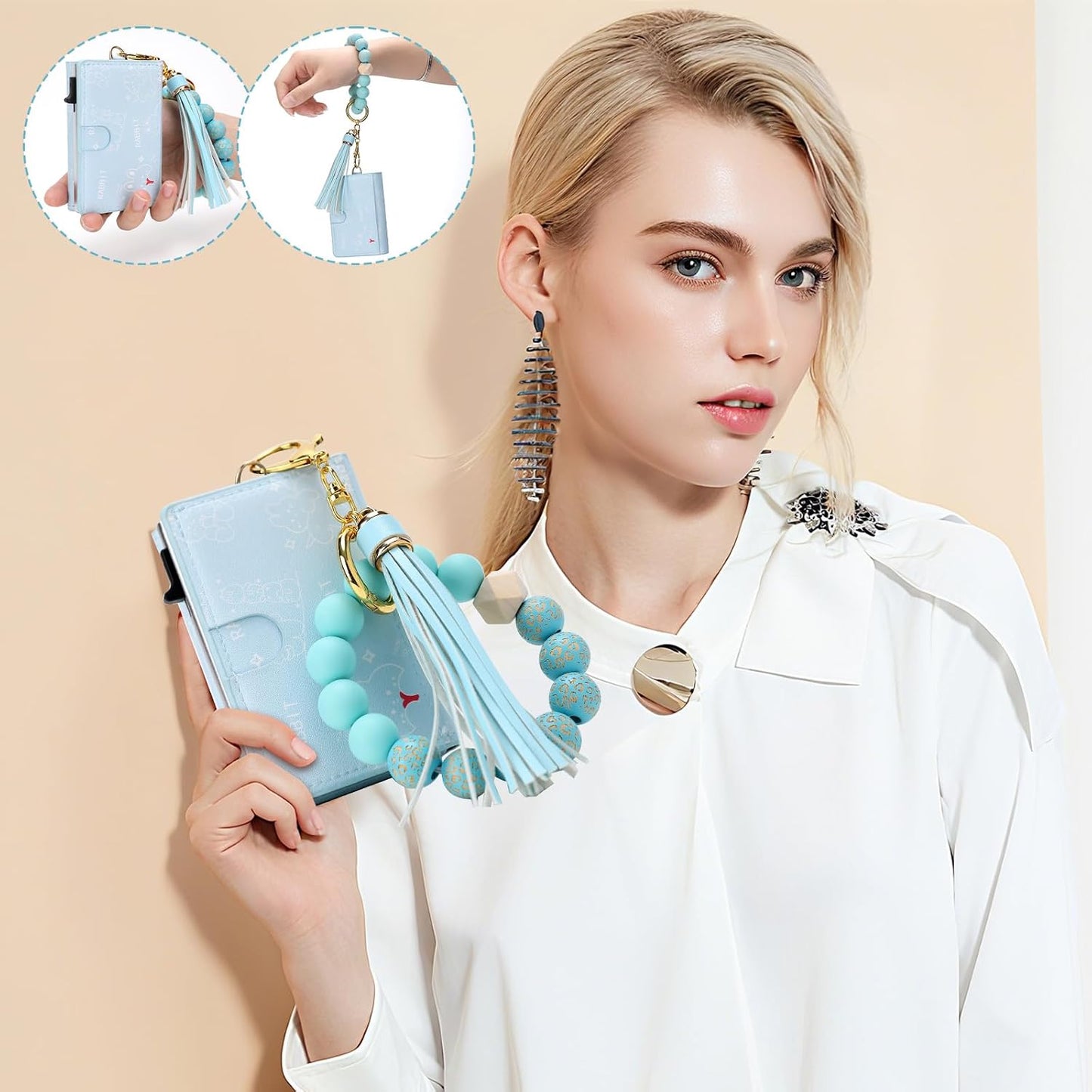HOTWallet Women RFID Blocking Credit Card Holder Business Card Case Trifold Slim Wallet Wristlet with Key Chain PU Leather Holds 12 Cards Compact Small Coin Purse