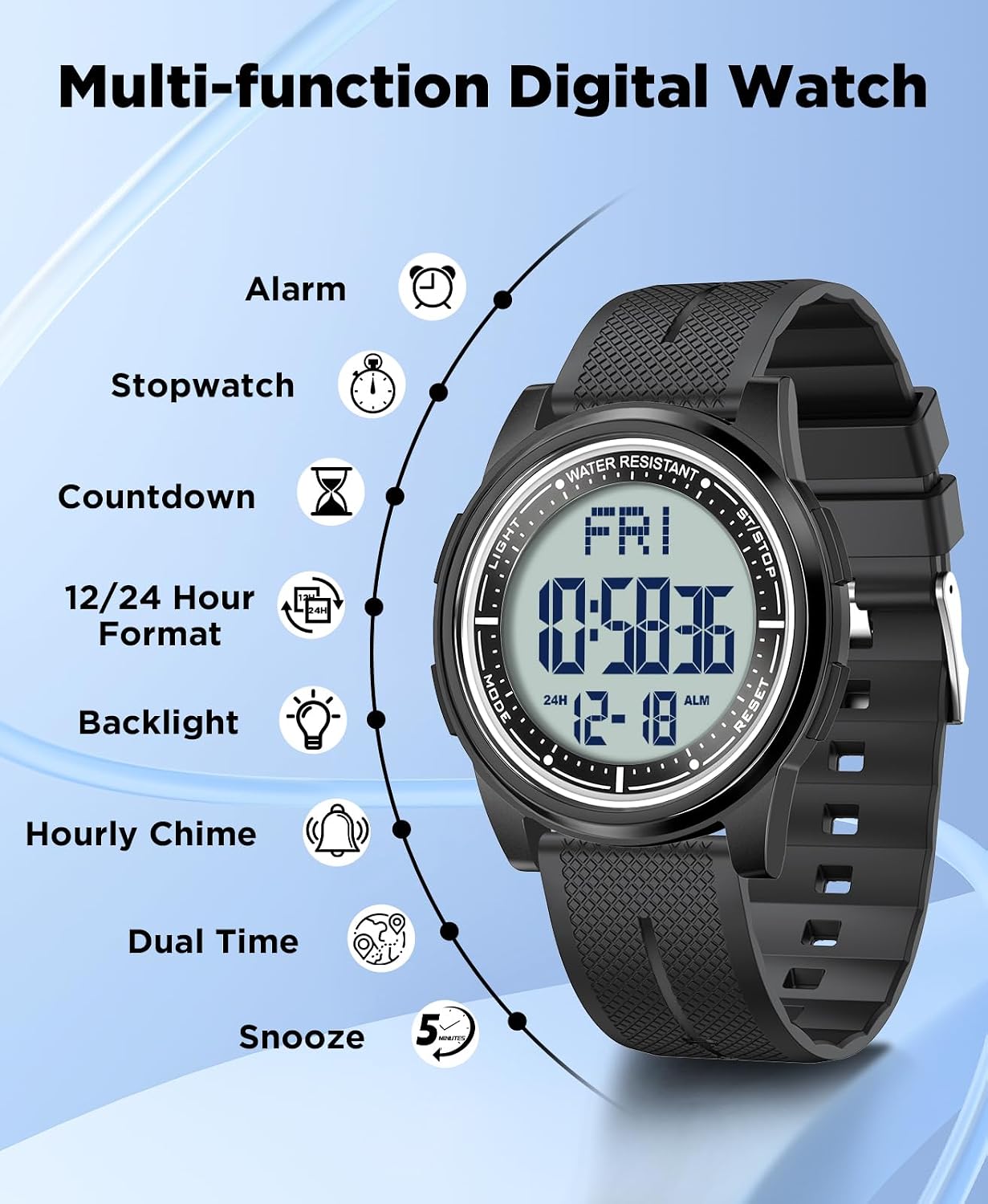 HOTBeeasy Digital Watch for Men Women, 50M Waterproof, Ultra-Thin & Lightweight, 44mm Silicone Sports Watch with Alarm, Stopwatch, Countdown, Ideal for Gym, Running, School, Daily Wear