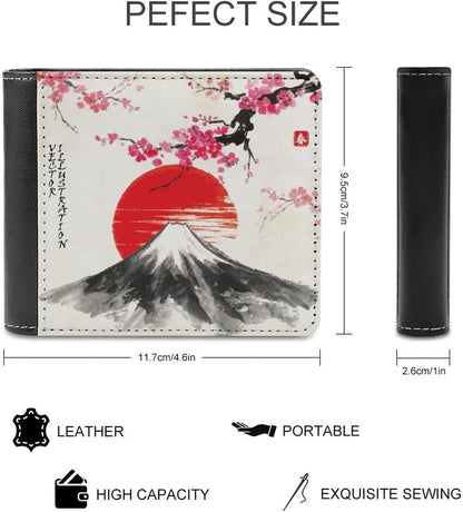 HOTOyihfvs Pink Cherry Blossom Red Sun Japanese Mountain Fuji PU Leather Bifold Wallet Coin Purse Soft Stylish Credit Pass Case Card-Holder for Boy Girl Men Woman Money Storage