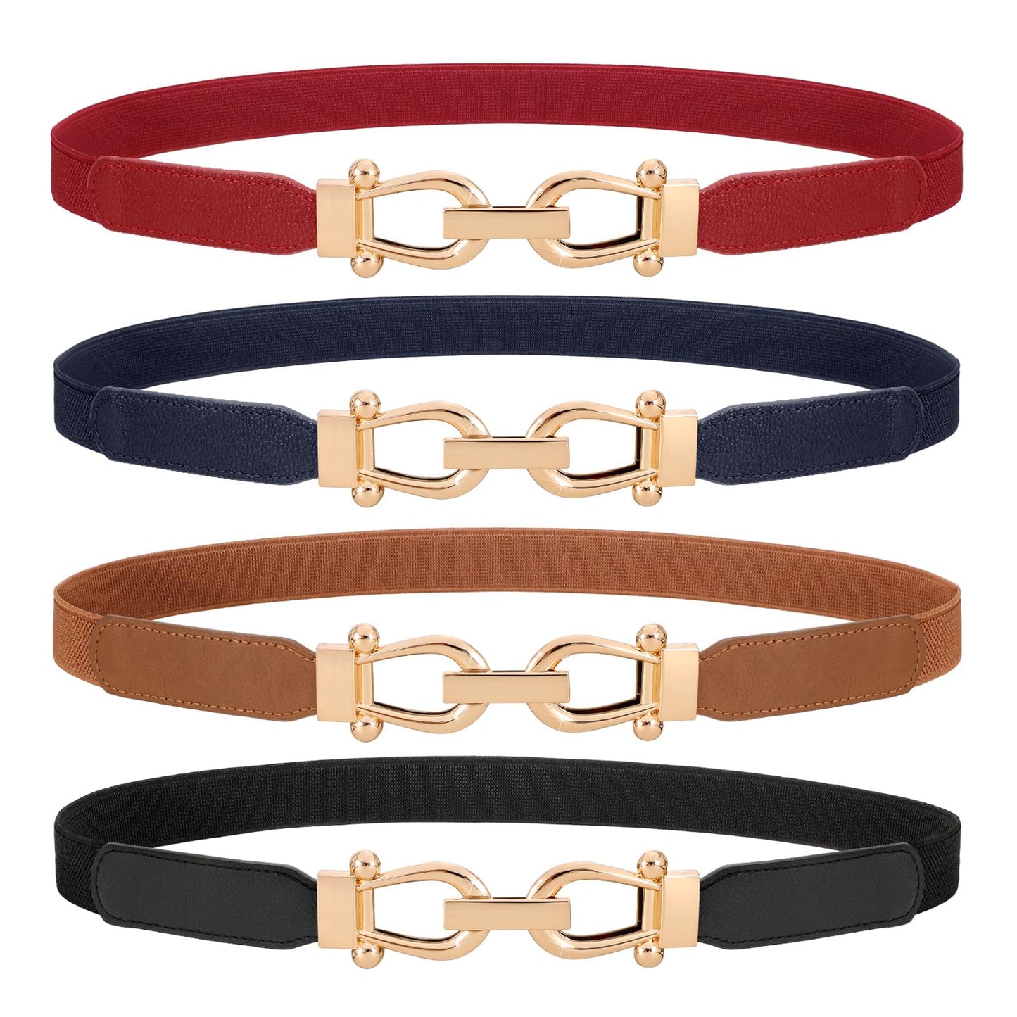 HOTWERFORU 4 Pack Women Skinny Elastic Waist Belt Gold Buckle Stretchy Thin Belt for Jeans Dress