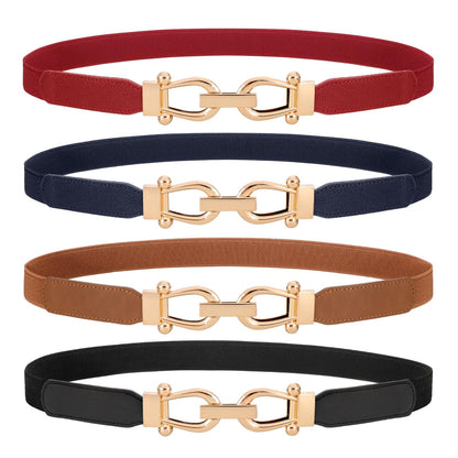 HOTWERFORU 4 Pack Women Skinny Elastic Waist Belt Gold Buckle Stretchy Thin Belt for Jeans Dress