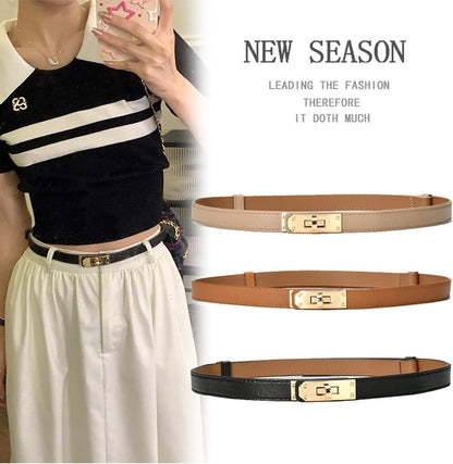 HOTFENLDY Adjustable Thin Belts For Womens Skinny Belts For Dresses Womens Solid Color Alloy Turn Lock Belts For Jeans