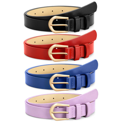HOTVONMELLI 4 Pack Womens Thin Leather Belt Skinny Waist Belts for Women Fashion Jeans Dress with Gold Buckle