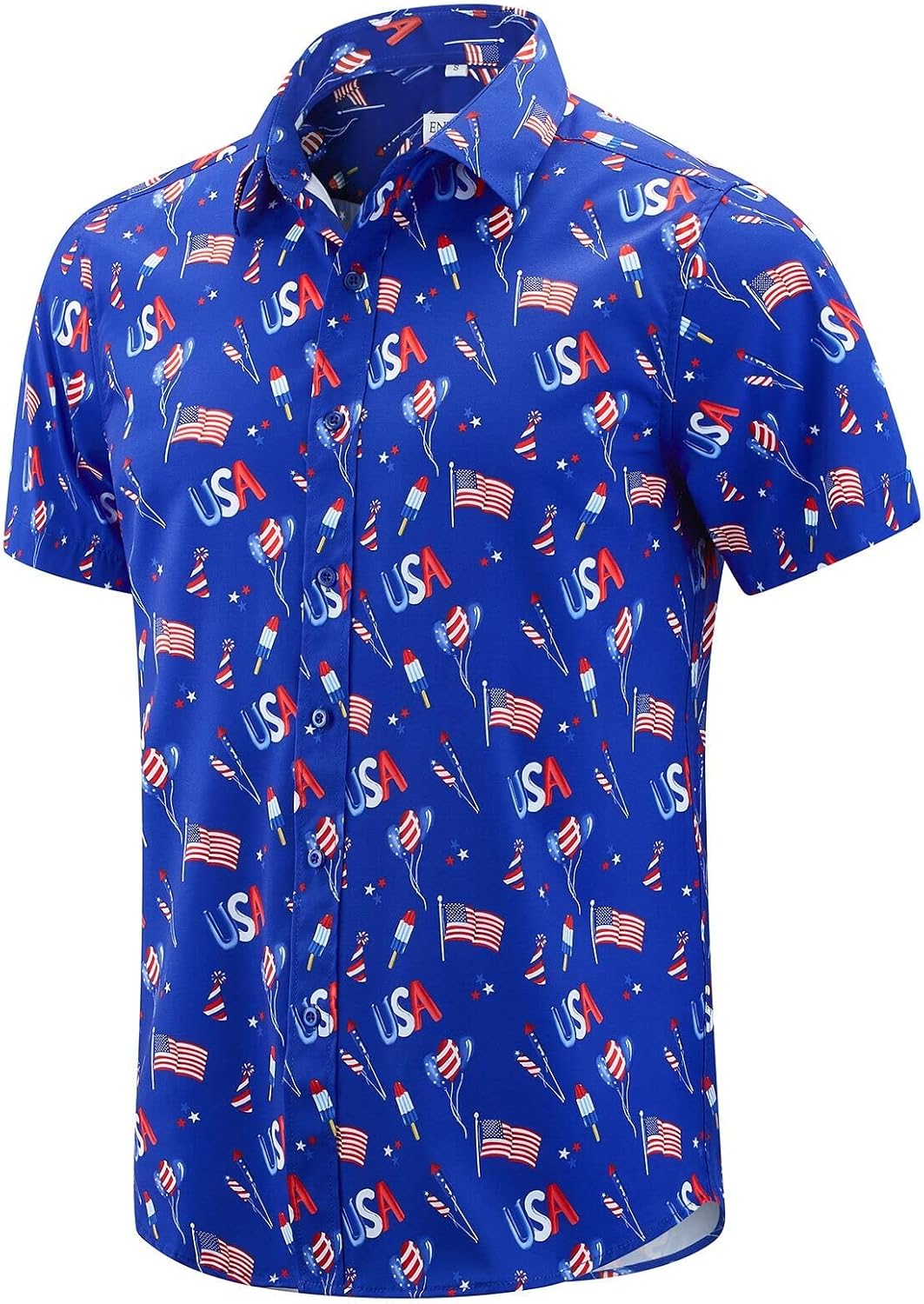 HOTENVMENST Men's American Flag Button Down Shirts Casual Short Sleeve Patriotic Hawaiian Shirt