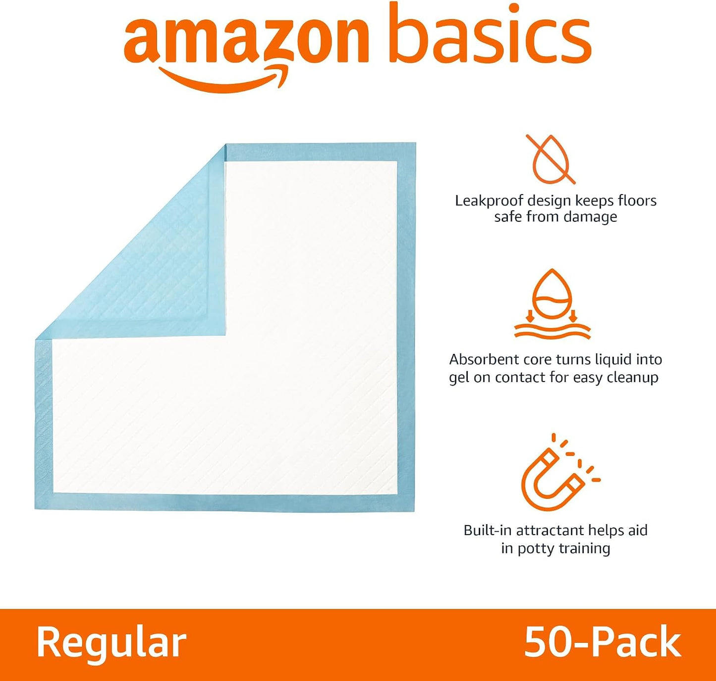 HOTAmazon Basics Heavy Duty Dog and Puppy Pee Pads, Leak-Proof 5-Layer Super Absorbent, Quick-Dry Surface for Potty Training, Regular Size, 24x23", Blue & White, 50 Count