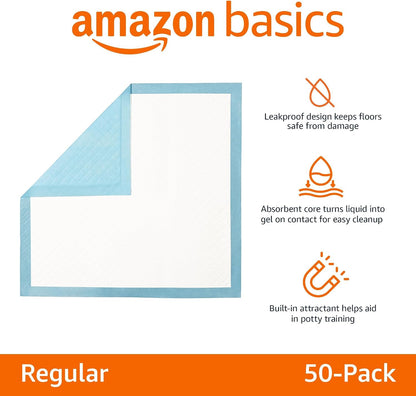 HOTAmazon Basics Heavy Duty Dog and Puppy Pee Pads, Leak-Proof 5-Layer Super Absorbent, Quick-Dry Surface for Potty Training, Regular Size, 24x23", Blue & White, 50 Count