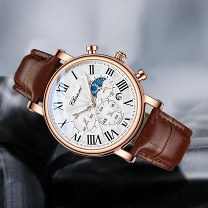 HOTFANMIS Men's Classic Watches Multifunctional Analog Watch Business Dress Waterproof Luminous Chronograph Starry Sky Moon Phase Leather Wristwatch