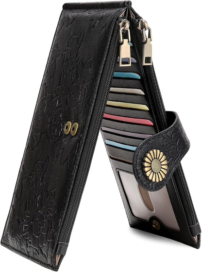 HOTFALAN MULE Slim Wallet for Women RFID Blocking Bifold Leather Card Holder | Vegan Leather RFID Wallet Women Ladies Clutch Purse Multi Card Wallet Case with 2 Zipper Pockets