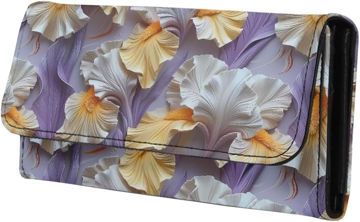 HOTPainting Iris Long Wallets for Women PU Leather Ladies Billfold Wallet,Snap Closure, Purple White Yellow Flowers Trifold Clutch Checkbook Purse with Zipper Pocket
