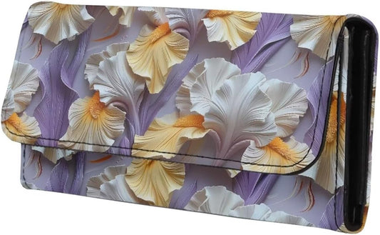 HOTPainting Iris Long Wallets for Women PU Leather Ladies Billfold Wallet,Snap Closure, Purple White Yellow Flowers Trifold Clutch Checkbook Purse with Zipper Pocket