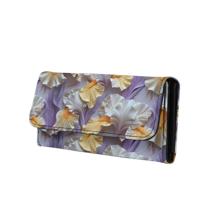 HOTPainting Iris Long Wallets for Women PU Leather Ladies Billfold Wallet,Snap Closure, Purple White Yellow Flowers Trifold Clutch Checkbook Purse with Zipper Pocket