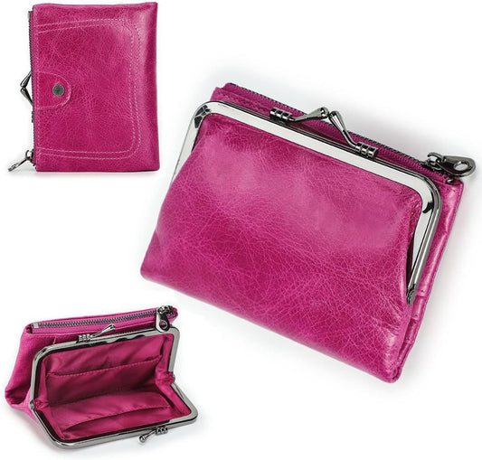 HOTCONTACTS Womens Kiss Lock Wallet Leather Small Zipper Coin Purse for Women Bifold Rfid Clasp Wallet Card Holder with Photo Window