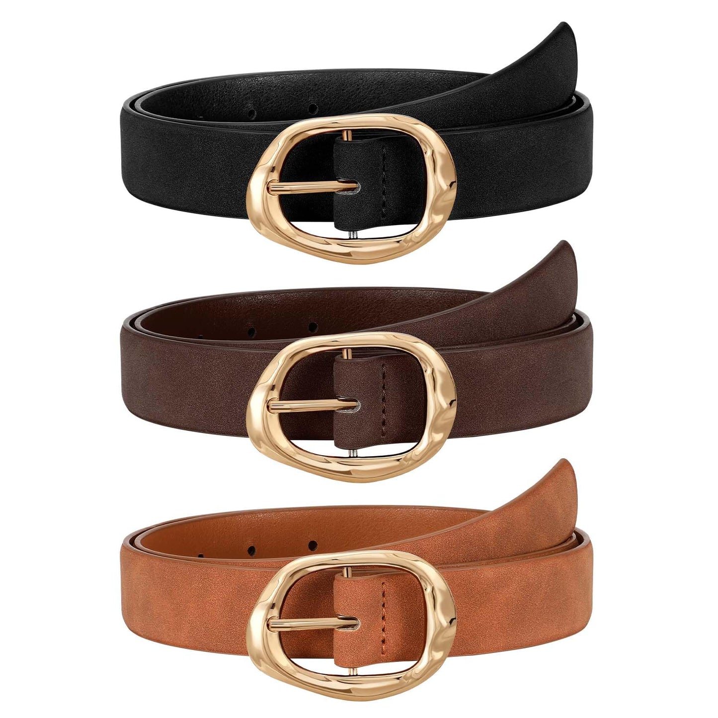 HOTJASGOOD 3 Pack Women Belts for Jeans Pants Ladies Leather Waist Belt Casual Fashion Trend Belt for Women with Gold Buckle