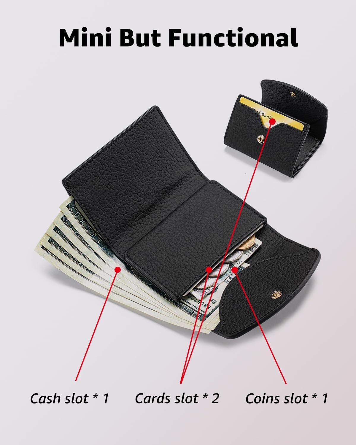 HOTKarmiir Minimalist RFID Soft Leather Wallet for Women, Trifold and Compact Everyday Carry Wallet with Card Holder, Cash and Coin Pocket, Mini and Slim Into Small Bags (Black)