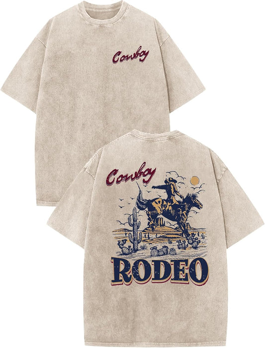 HOTBobeutou Western Shirts for Men Vintage Rodeo Cowboy Shirt Oversized Graphic Tees Country Concert Acid Wash T-Shirts Tops