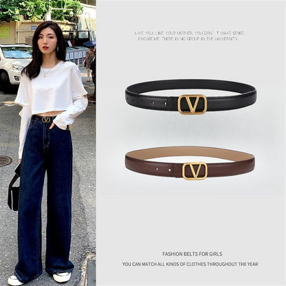 HOTRLINEA Women's Casual Genuine Leather Belts for Jeans Dress Set Coat Pants, Fashion Waist Belts with V-Style Gold Buckle (Color : Camel, Size : 26"-36" Waist Adjustable)