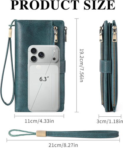HOTGOIACII Wallet for Women RFID Blocking Card Holder Large Capacity Trifold Leather Wristlet Wallets Teal