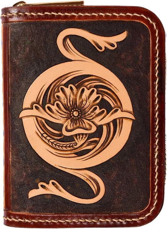 HOTSmall Credit Card Holder RFID Blocking Wallet Women Handmade Floral Carved Leather Zipper Around Security Western Wallets for Women tarjeteros monederos de mujer