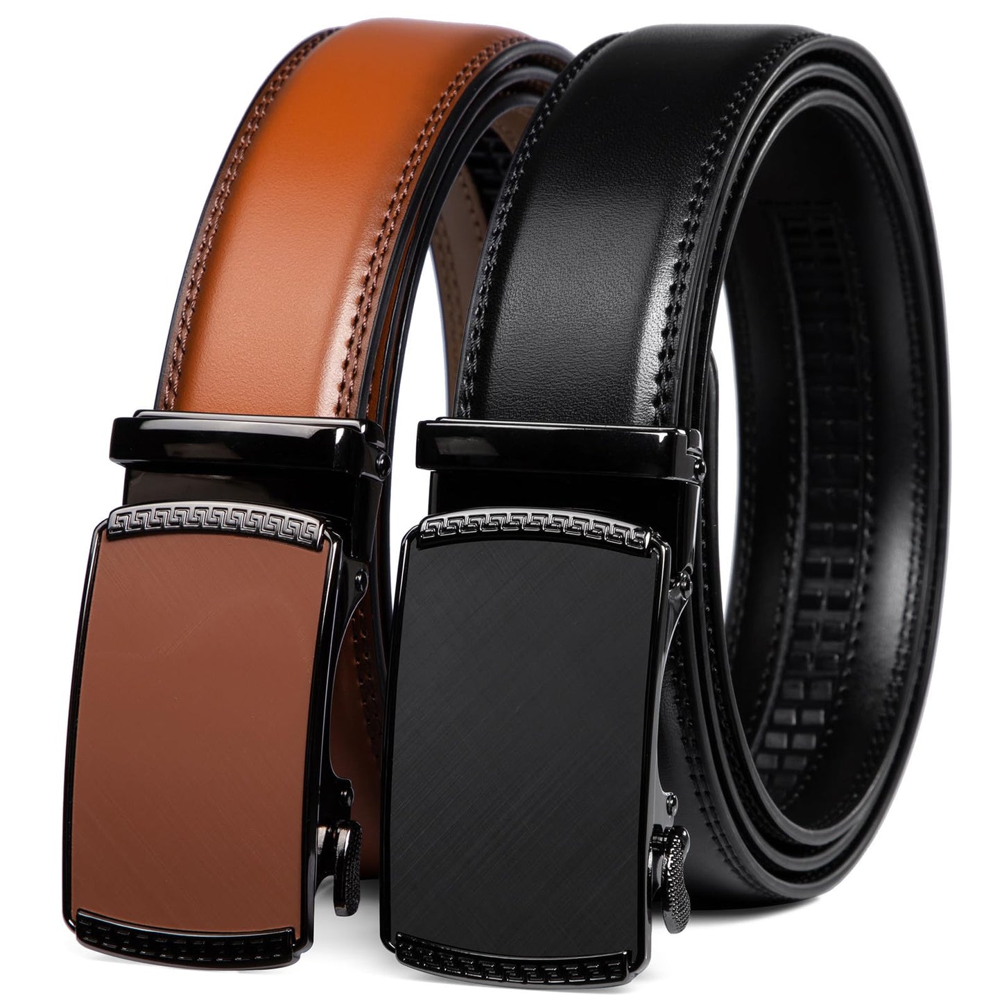 HOTFounders & C Mens Belt 2 Pack,Leather Ratchet Click Belt Dress with Slide Buckle 1 3/8" in Gift Set Box- Size Adjustable
