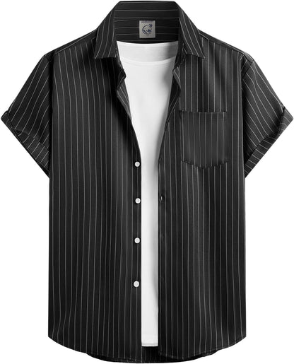 HOTHardaddy Men's Casual Striped Shirts Button Down Short Sleeve Blouse Summer Hawaiian Shirt