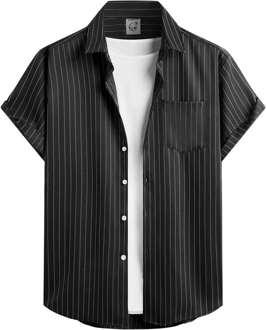 HOTHardaddy Men's Casual Striped Shirts Button Down Short Sleeve Blouse Summer Hawaiian Shirt