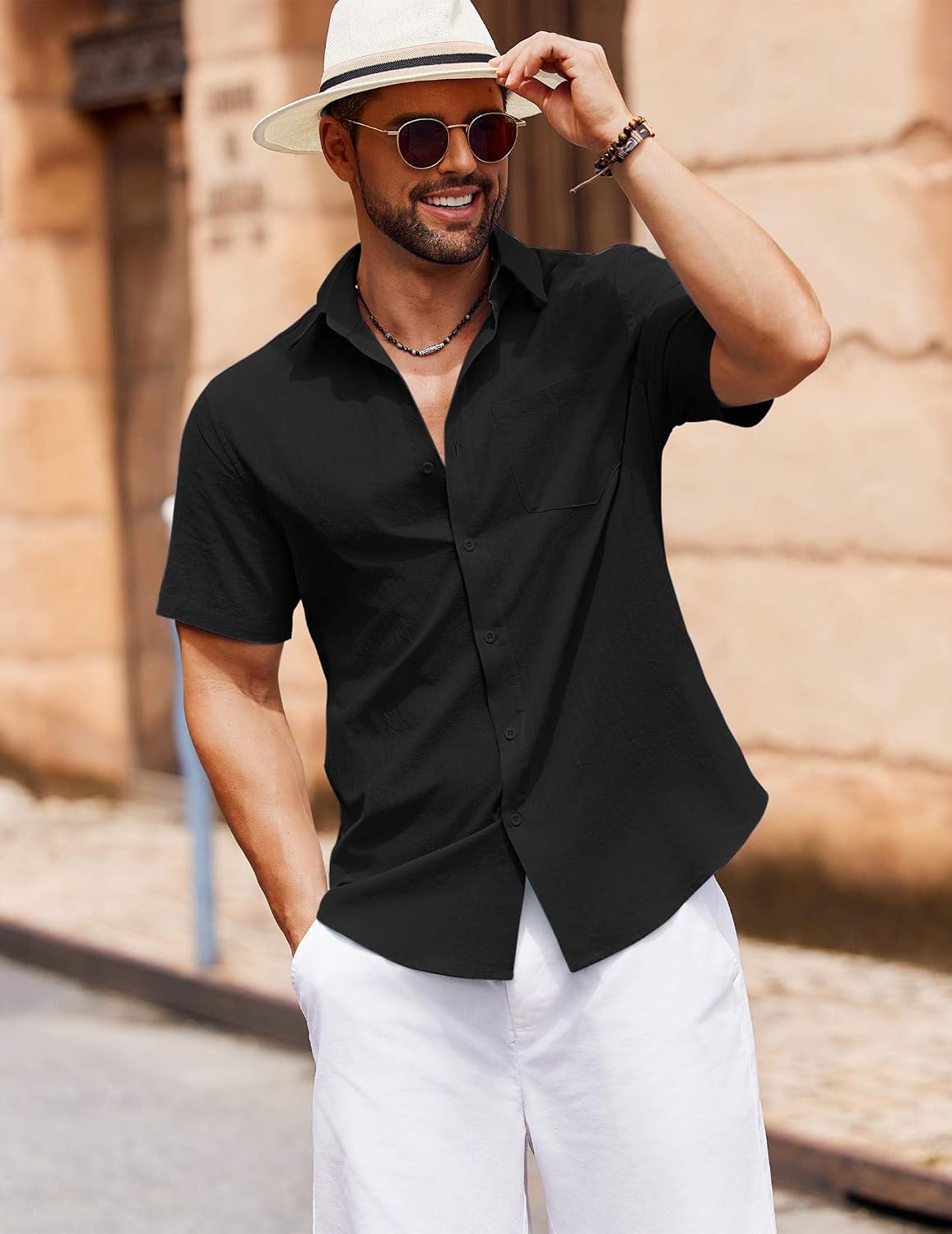 HOTCOOFANDY Men's Button Down Short Sleeve Shirt Casual Cotton Summer Beach Linen Wedding Shirts with Pocket