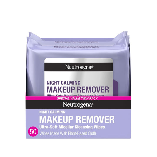 HOTNeutrogena Night Calming Makeup Remover Face Wipes, Nighttime Cleansing Towelettes Remove Sweat, Dirt & Makeup & Calms Skin, Hypoallergenic, 100% Plant Based Cloth, 50 Count (2 Packs of 25)