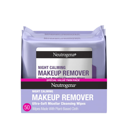 HOTNeutrogena Night Calming Makeup Remover Face Wipes, Nighttime Cleansing Towelettes Remove Sweat, Dirt & Makeup & Calms Skin, Hypoallergenic, 100% Plant Based Cloth, 50 Count (2 Packs of 25)