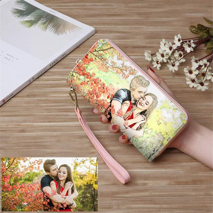 HOTPersonalized Crayon Style Photo Women's Wallet Custom Fashion Phone bags Leather Wallet Christmas gifts(Pink Double Side)