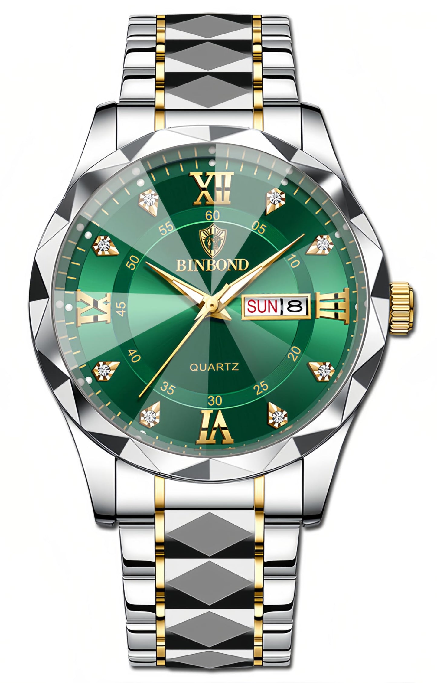 HOTGosasa Luxury Men's and Women's Business Diamond Stainless Steel Waterproof Roman Numeral Analog Quartz Watch with Day-Date Calendar, Gold and Silver Tone