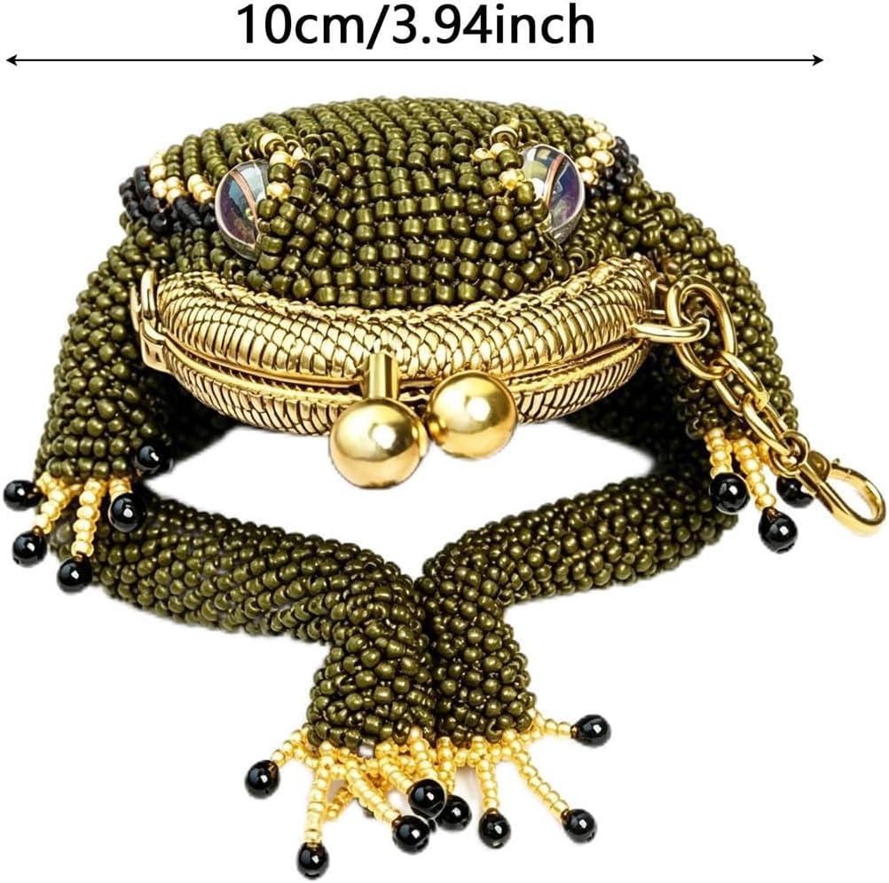 HOTCharming Frog Coin Purse, Kiss Lock Small Pouch for Earbuds Keychain Bag | Cute Amphibian Coin Holder with Beaded Detail, Mini Storage Pouch for Daily Carry Handbag Decoration