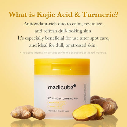 HOTmedicube Toner Pads Kojic Acid Turmeric Clarifying Toner Pad for Troubled Skin & Use After Spot Care, Soothing with Kojic Acid, Turmeric, Niacinamide, Glycolic Acid, Korean Skin Care, 70 Pads (1 Pack)