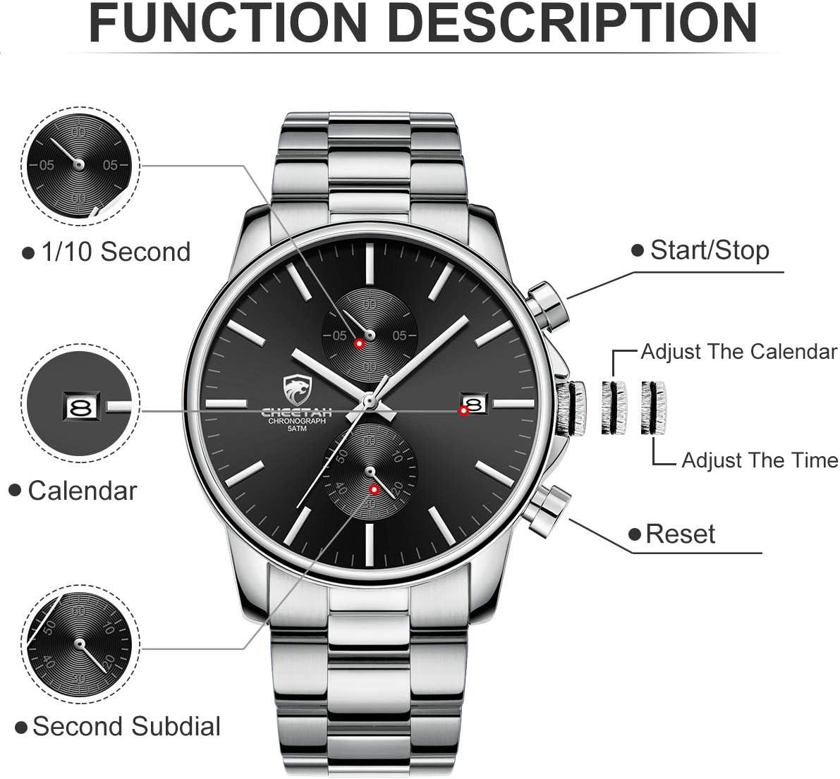HOTGOLDEN HOUR Fashion Business Mens Watches with Stainless Steel Waterproof Chronograph Quartz Watch for Men, Auto Date